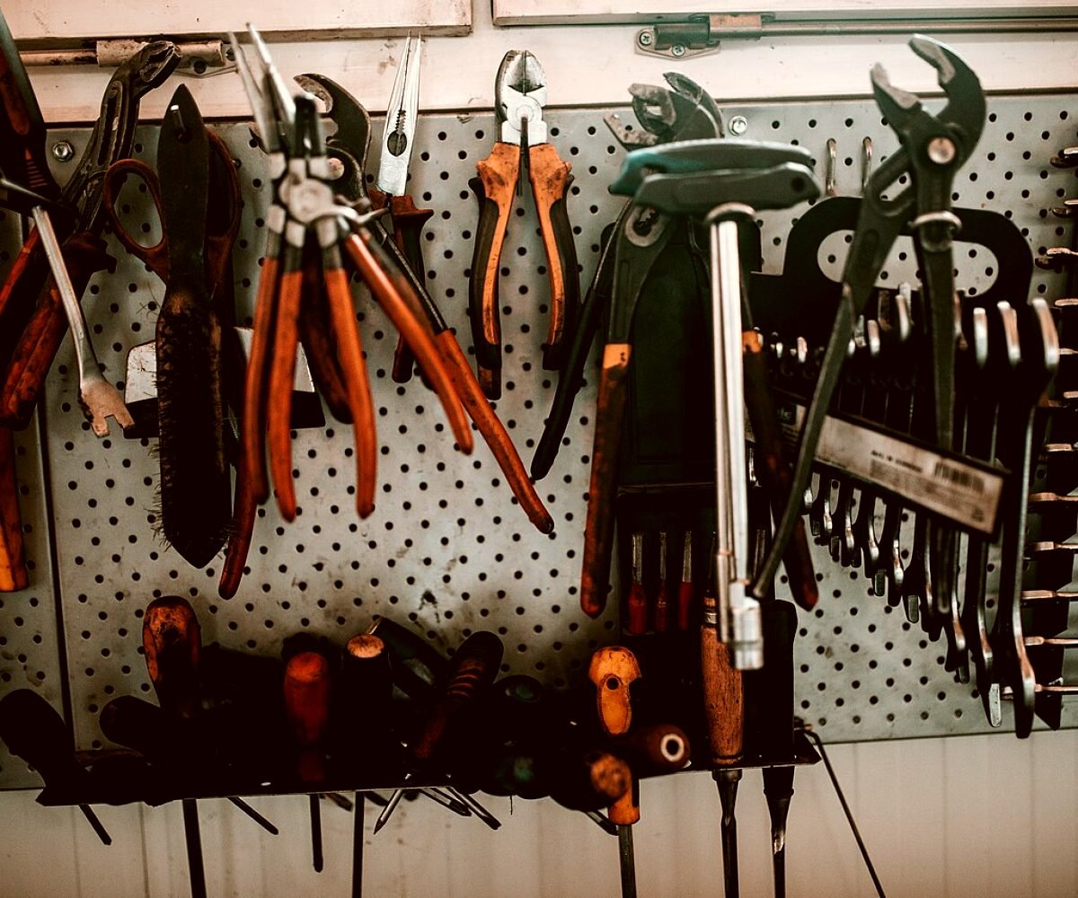 The tool wall at the KitchenMend workshop in Teynampet